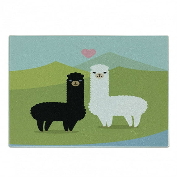 Llama Cutting Board, Alpacas in Love at the Mountains Argentina Fauna Animals Contrasting Colors, Decorative Tempered Glass Cutting and Serving Board, Small Size, Multicolor, by Ambesonne