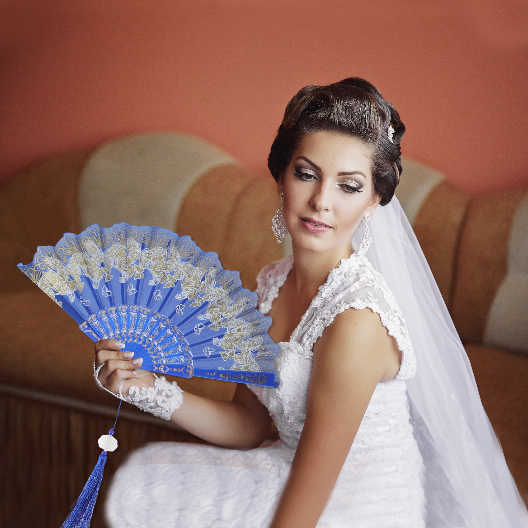 Unique Bargains Elegant Butterfly With Tassel Folding Fan 1PC Blue