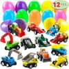 Ottoy 12 Pcs Filled Easter Eggs with Toy Cars, 3.2” Bright Colorful Easter Eggs Prefilled with Pull Back Construction Vehicles and Race Cars