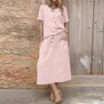 thumbnail image 2 of Women 2 Piece Solid Casual Matching Skirt Set, Crew Neck Short Sleeve Side Twist Ruched Top High Waist Straight Midi Skirt Lightweight Summer Daily Vacation Tracksuit Pink XL(XL), 2 of 5