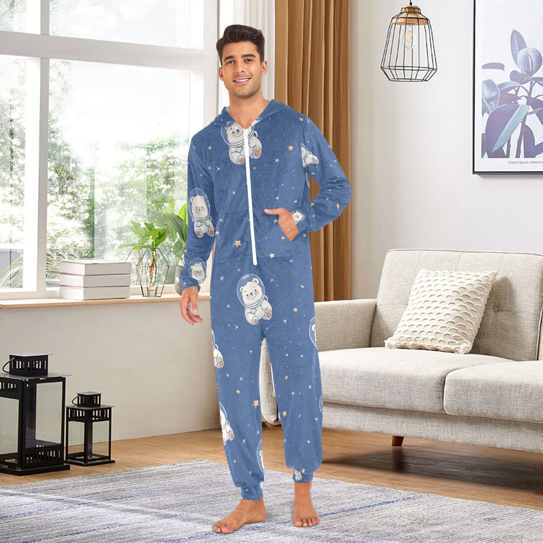 Adult Christmas Onesie Cute Bear Astronaut Adult Zipper One-Piece Pajamas Unisex Pajamas with Pockets