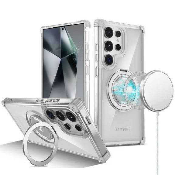 Designed for Samsung Galaxy S24 Ultra Magnetic [Compatible with Magsafe] with 360° Rotatable Ring Holder Invisible Stand Transparent Phone Case Cover - Clear