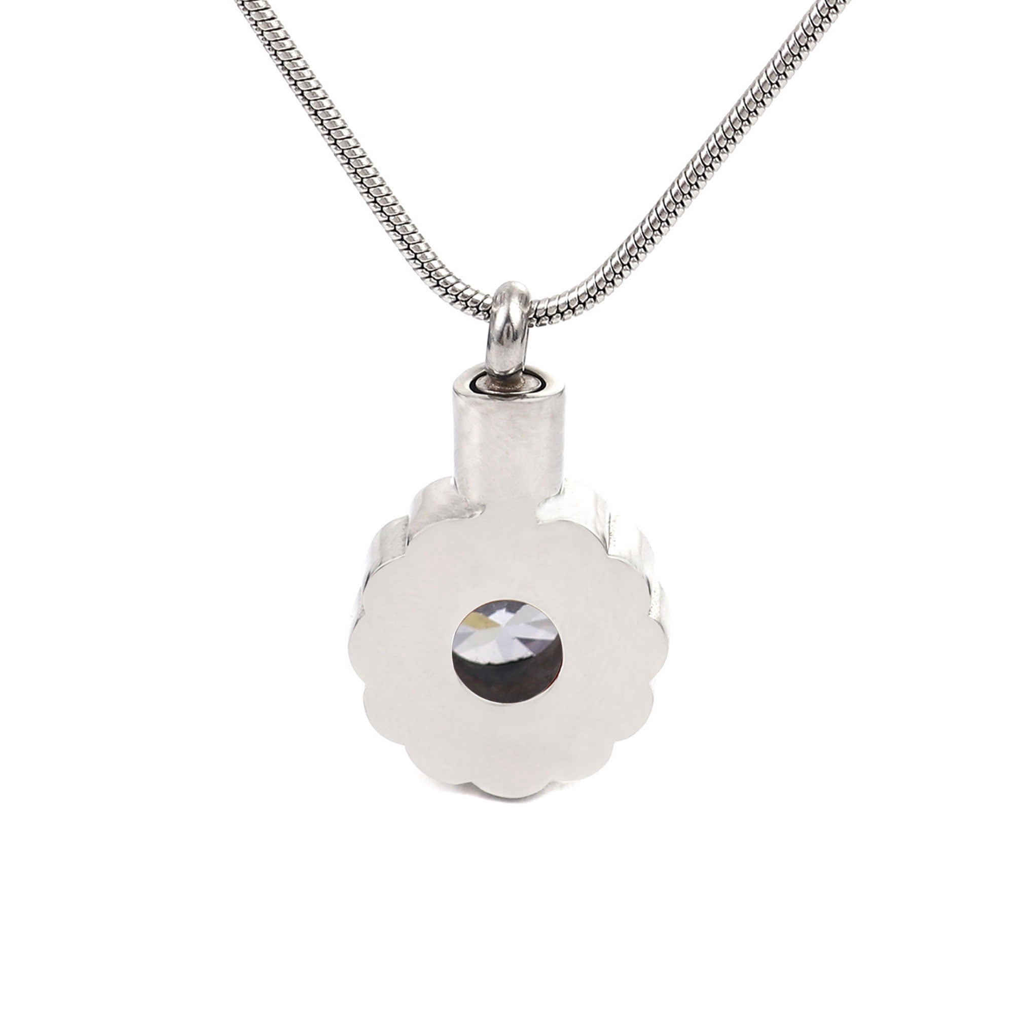 Round Crystal White Beautiful Crystal Rhinestone Flower Cremation Urn Necklace for Human Ashes Stainless Steel Memorial Pendant Keepsake Jewelry with Free Funnel Kit and Velvet Jewelry Box