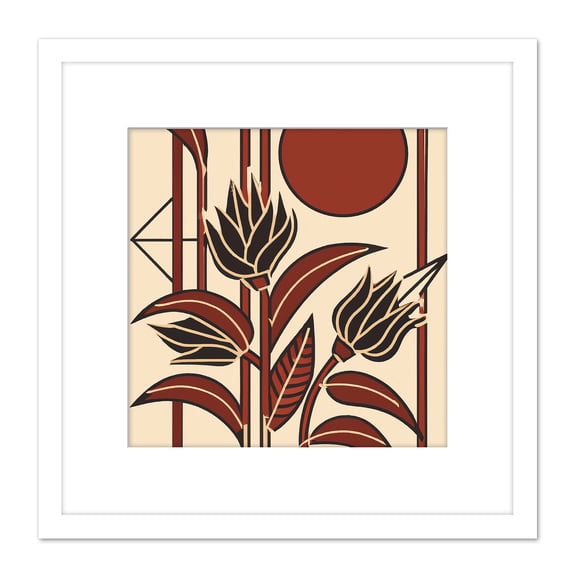 Art Deco Flower Earthy Tones Simple Geometric Shapes Painting Square Wooden Framed Wall Art Print Picture 8X8 Inch