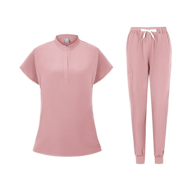 Ktyne Ensemble de Sarraus Roses pour Femmes Extensible Uniforme d'Infirmière à Manches Courtes Sarrau et Pantalon Couleur Unie Ensembles de Sarraus Médicaux avec Multiples Poches Rose TTG