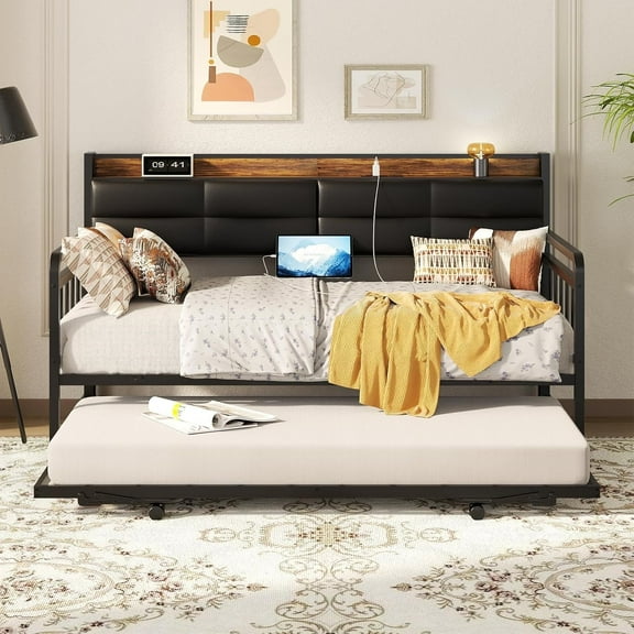 iSunirm Twin Daybed with Upholstered Headboard and Power Outlets, Day Bed with Trundle, Sturdy Metal Pop-up Trundle Bed for Living Room, Guest Room, 74.8" Length, Rustic Brown