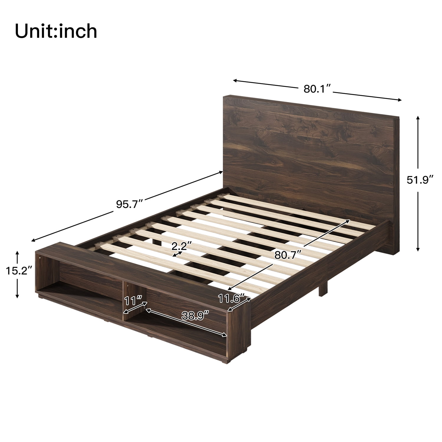 Kadyn King Size Wood Platform Bed, Wood Storage Queen Bed with Storage Bench in Walnut, Modern MDF Farmhouse bedstead for bedroom, Walnut Kadyn King Size Wood Platform Bed, Wood Storage Queen Bed with Storage Bench in Walnut, Modern MDF Farmhouse bedstead for bedroom, Walnut
