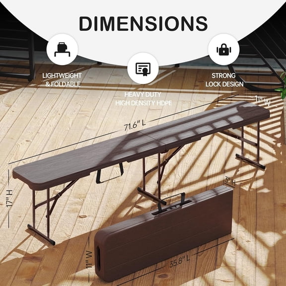 6 Foot Folding Bench, Portable Plastic Folding Bench Seat, Foldable Seat for Indoor Outdoor Picnic Camping Dining, Soccer Garden Multipurpose Entertaining Activities, Brown
