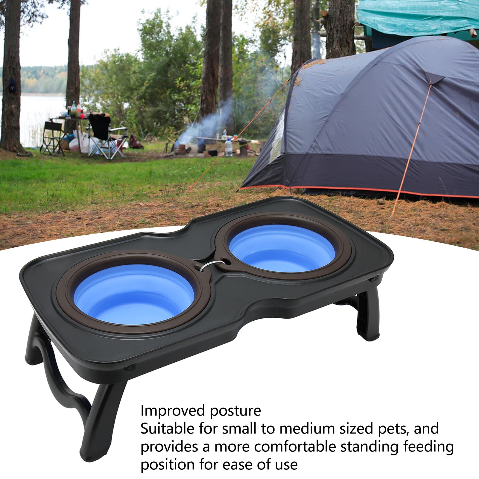 Rupoun Foldable Elevated Dog Bowls Portable Double Raised Feeding Station with Stand for Outdoor Camping Travel, Large Blue (16.9 in / 43 cm)