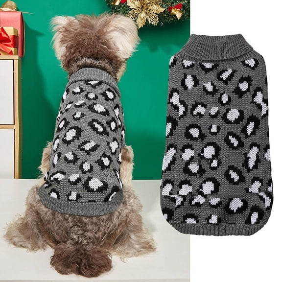 Knitting Leopard Print Dog All Seasons Blouse For Small Medium Dog, Winter Fleece Vest With Integrated Mountaineer Coat, Warm Windproof Dog Sweater For Small Breeds