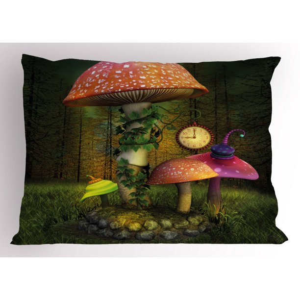 Fantasy Pillow Sham Fiction Forest with Giant Mushrooms and Elves