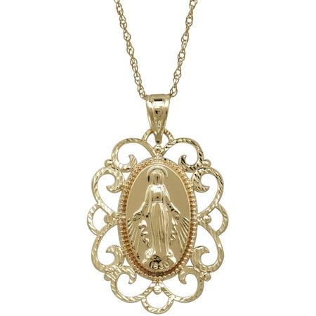 Simply Gold Precious Sentiments 10kt Yellow Gold Filigree Frame Oval Virgin Mary with Mary, Mother of God pray for us Pendant, 18
