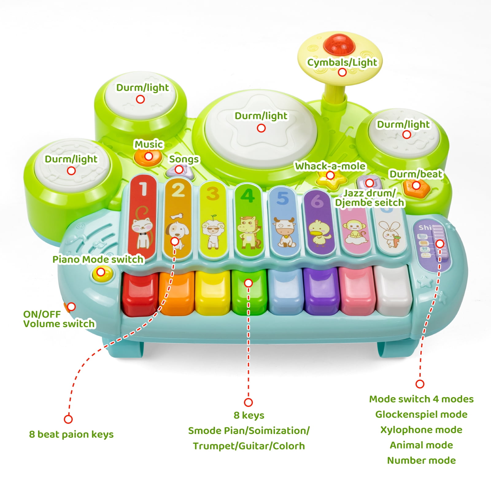 Marstone Musical Toys for Toddlers 1-3, Baby Piano Keyboard for 1 Year Old Girls Boys Toys, Xylophone Toddlers Drum Set Music Toys with Lights, Early Educational Learning Toy Gifts