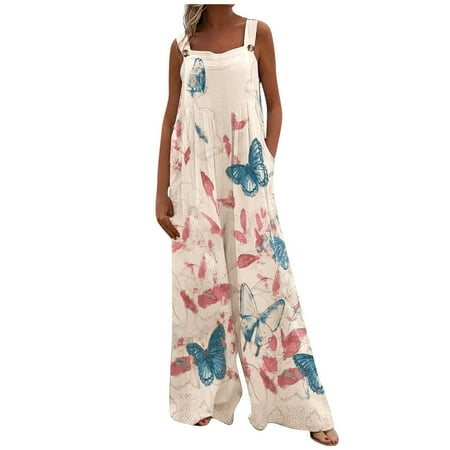 

Summer Savings Clearance! PEZHADA Bodysuit for Women Jumpsuits for Women Rompers for Women Women Print Jumpsuit Pajamas Casual Buttons Pocket Sleeveless Wide Leg Long Pants Beige M