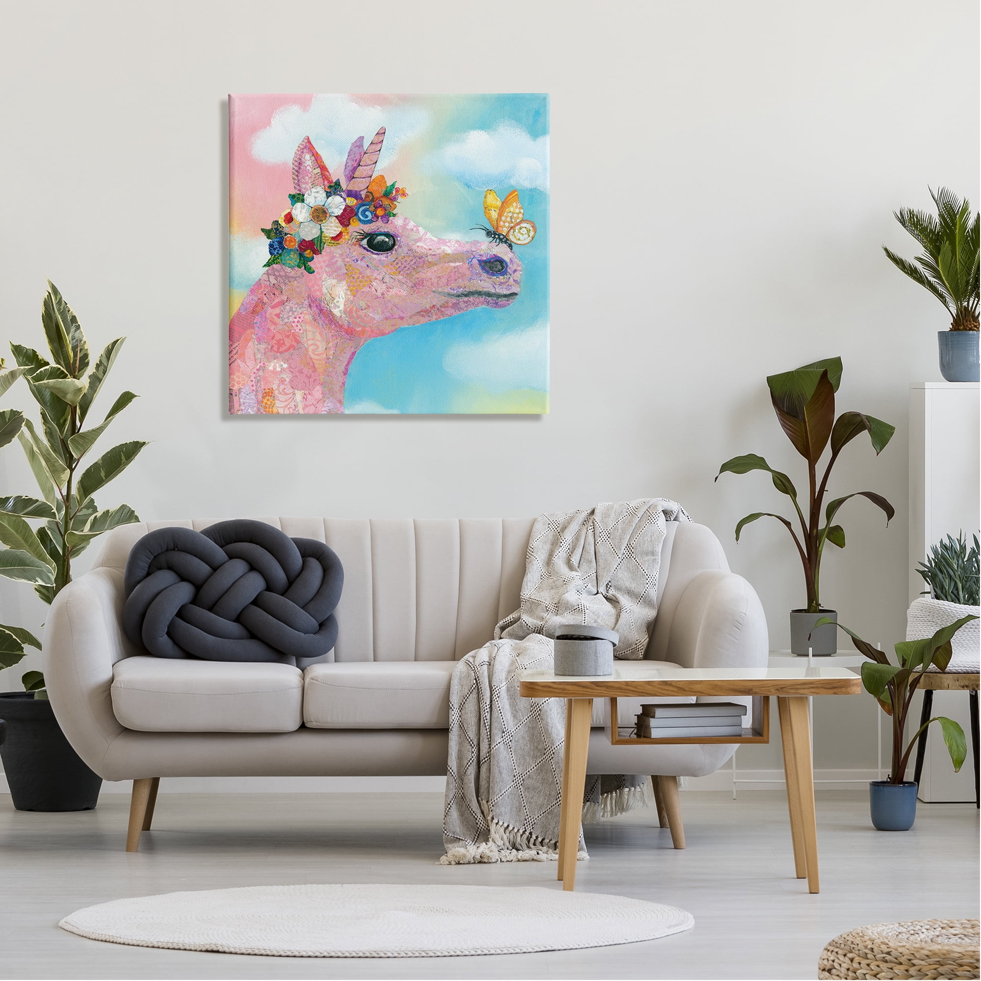 Stupell Industries Butterfly Kisses Pink Fantasy Unicorn Flower Blossoms Painting Gallery Wrapped Canvas Print Wall Art, Design by Lisa Morales