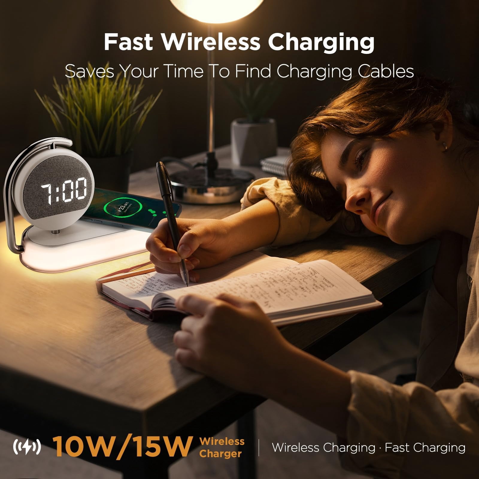 5-in-1 Smart Bedside Lamp – Wireless charger & digital clock, 15W fast charging for phones/headphones. Features 3-level night light, multi-protection alarm clock (White)