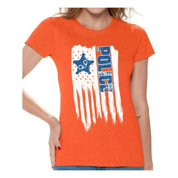 Awkward Styles American Flag Police Women Shirt USA Gifts Retro USA Police T shirt for Women 4th of July Gifts Pro America Police Women Tshirt Poud American 4th of July Police T-shirt for Women