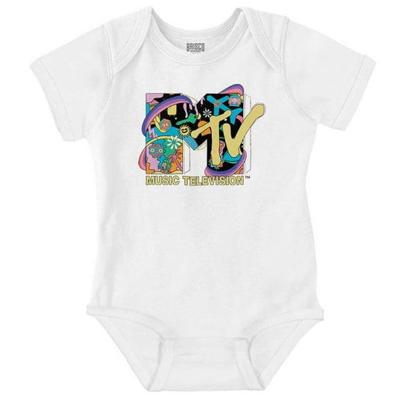 Retro MTV Rainbow Collage Logo Romper Boys or Girls Infant Baby Brisco Brands NB