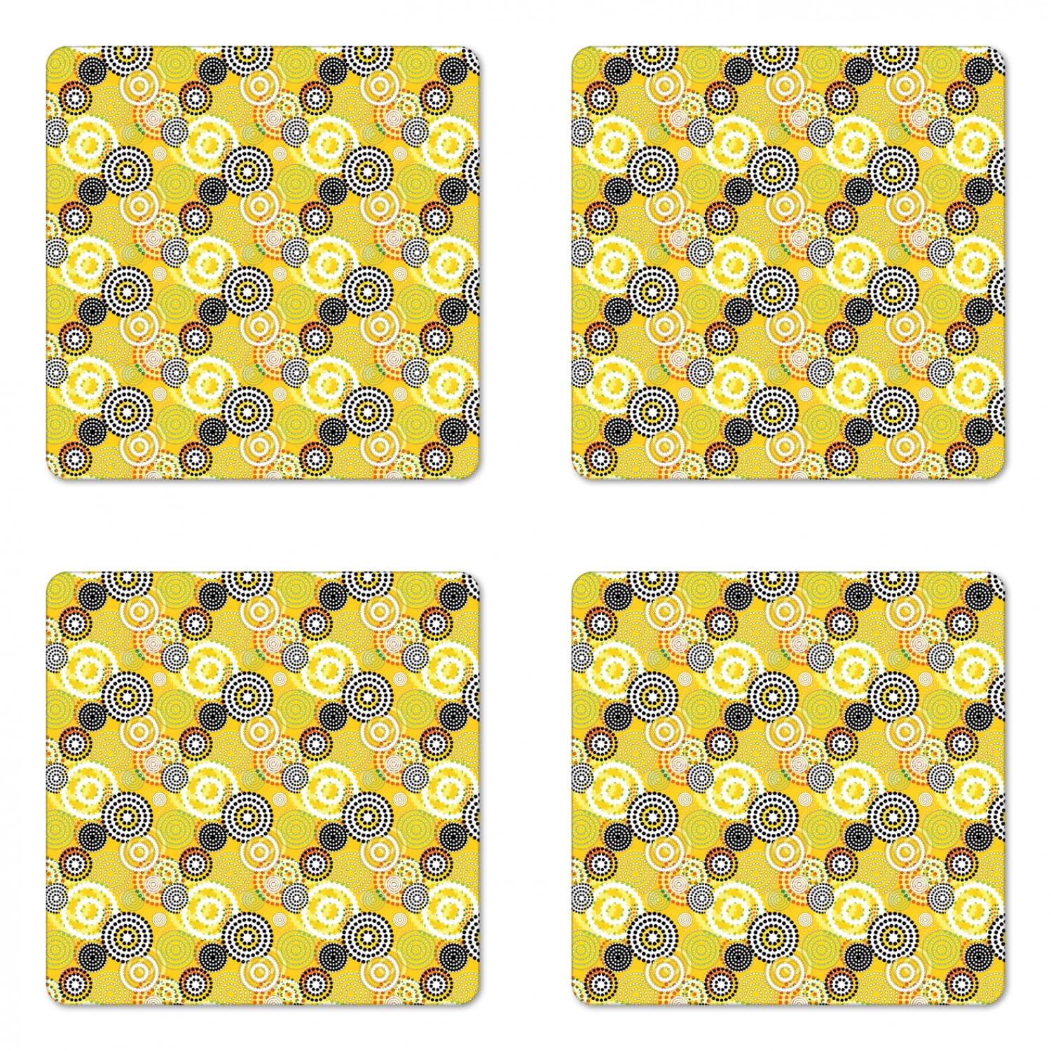 Geometric Coaster Set of 4, Retro Unusual Psychedelic Style Ring Shaped