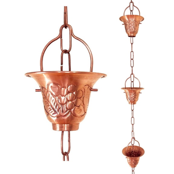Rain Chains by JASINC 8.5 ft Grape Leaf Rain Chain Copper, Water Diverter, JAS8005C