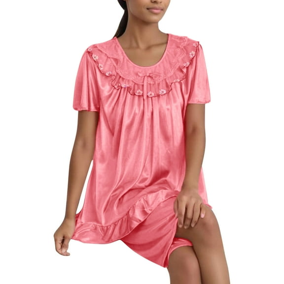 FAIWAD Womens Satin Short Sleeve Pajamas Set Ruffle Hem Short Sleeve Tops with Shorts Princess Sleepwear Silk Homewear