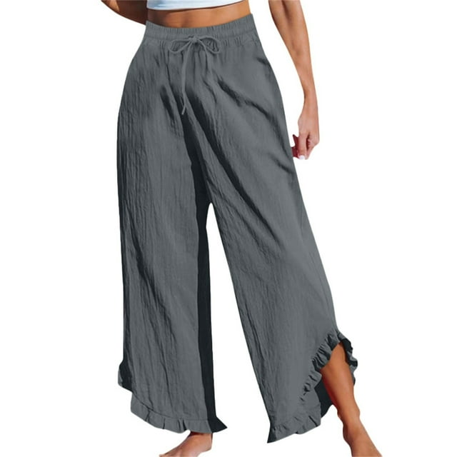 Mgmyaa Women's Casual Pants High Waisted Wide Leg Palazzo Trousers Elastic Loose Flowy Solid Color Ruffle Lounge Pants