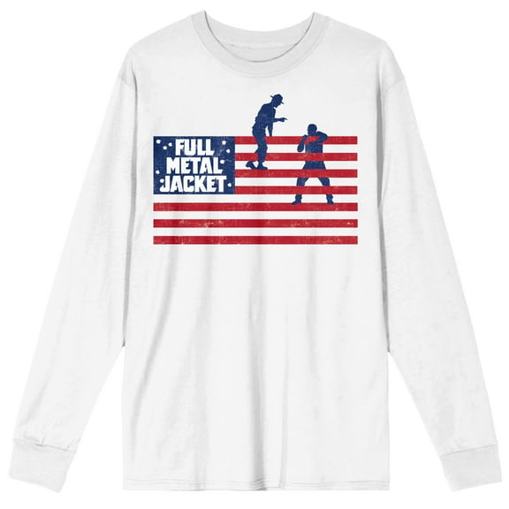 Full Metal Jacket Soldier Silhouettes In American Flag Crew Neck Long Sleeve White Adult Tee-XL