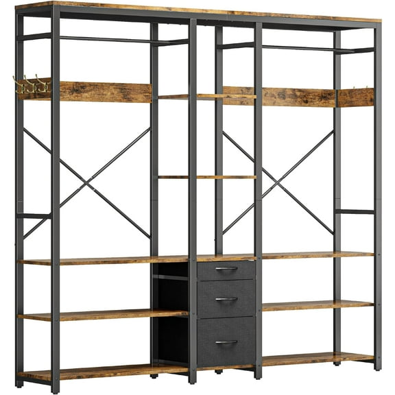 IRONCK Garment Rack With Shelves 3 Drawers, Heavy Duty Closet Organizers with Hanging Clothes, Freestanding Closet Wardrobe Rack, Vintage Brown