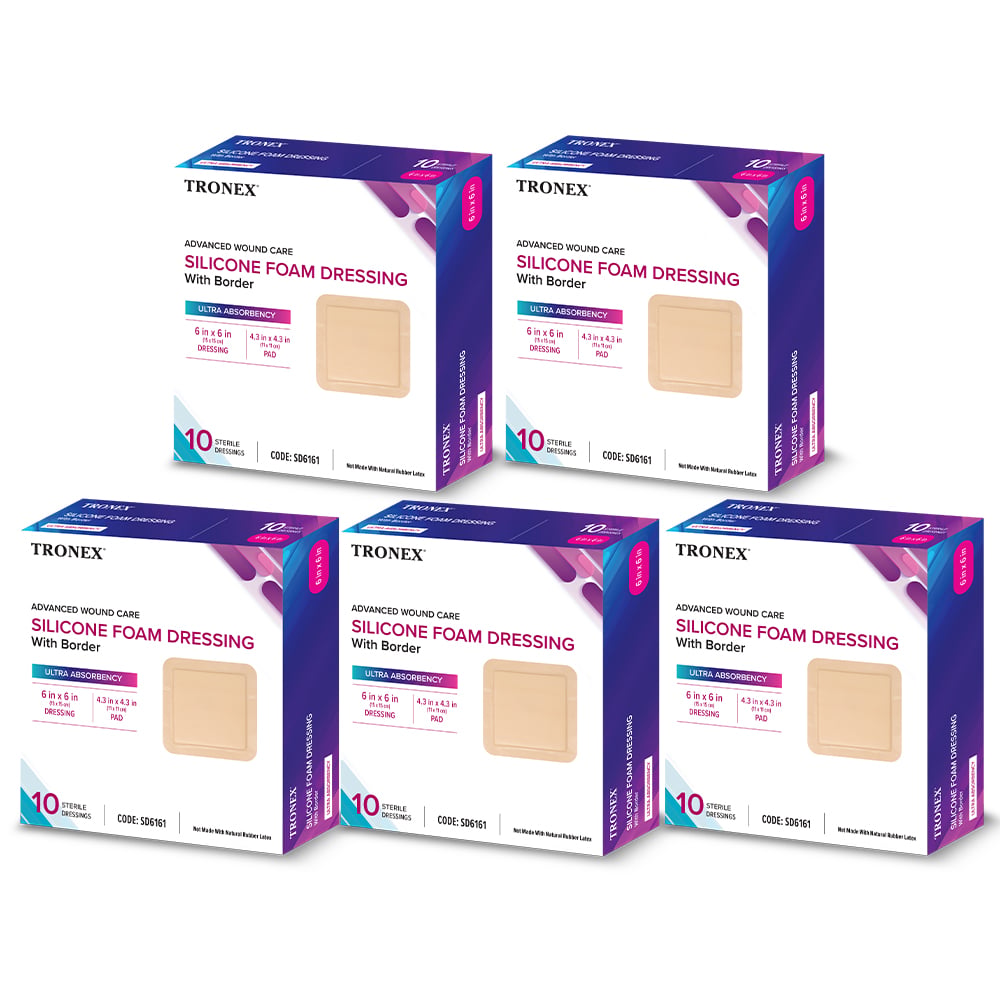 TRONEX SD6161 Silicone Foam Dressing 6”x6”, Adhesive Border, Waterproof, Sterile, Ultra Absorbency, Breathable, Advanced Wound Care, Gentle Removal, Latex Free, Beige, Pack of 50