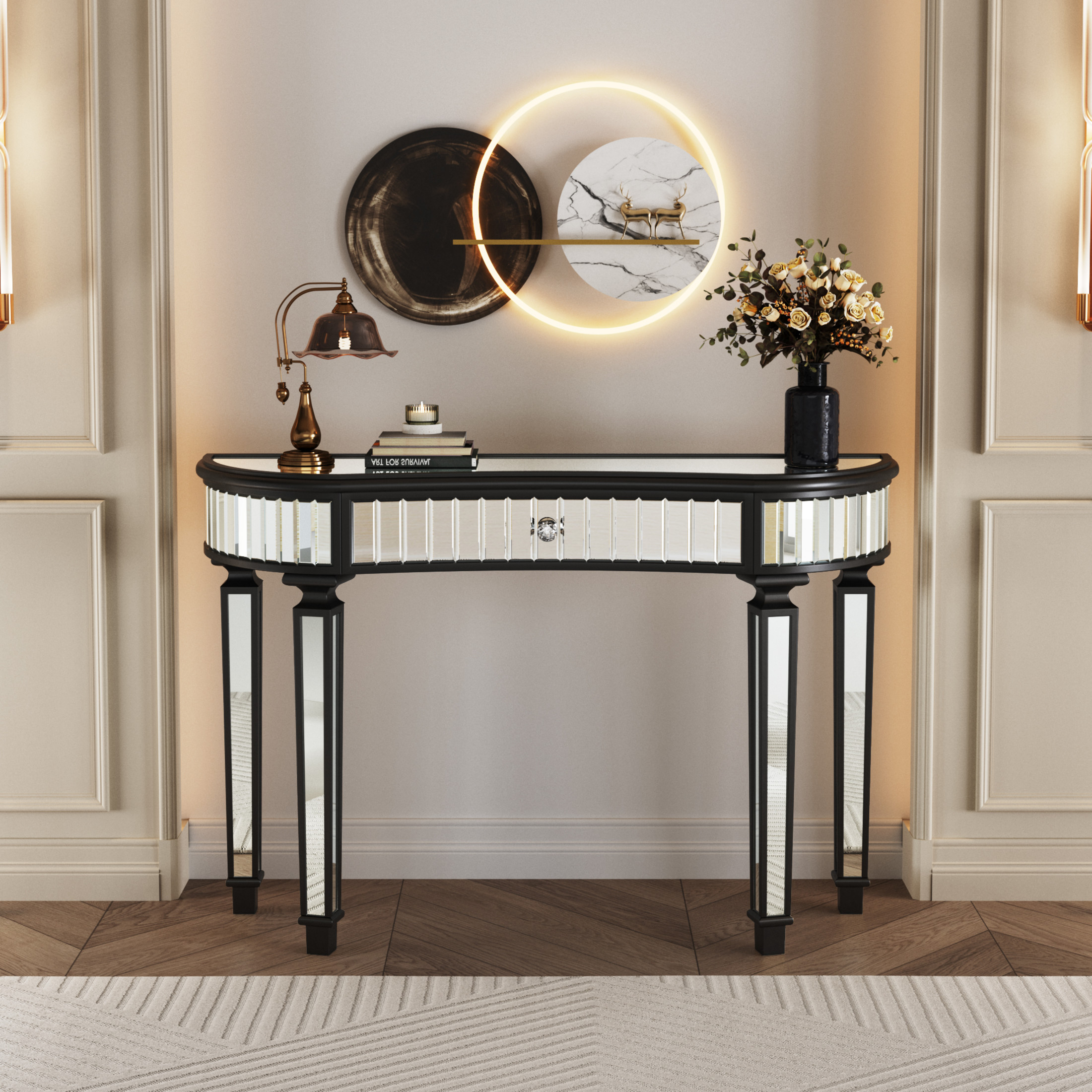 Noble House Half-Moon Mirrored Console Table with Fluted Glass & Crystal Knob Drawer - Silver Entryway Vanity Desk for Bedroom Dressing Room,Antique Black