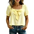 thumbnail image 3 of Women's Square Neck Bow Blouse - Puff Sleeve Casual Top with Tie Front Detail, Lightweight Summer Shirt for Date & Daily Wear Yellow L, 3 of 6