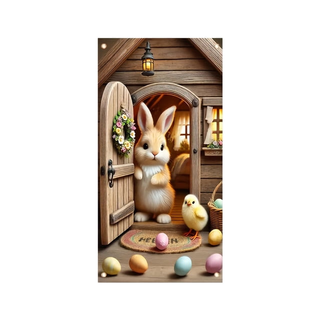 C Spring Festival Door Curtain Hanging Decor With Bunny And Egg Pattern Polyester Fabric For Holiday Party Background 70.87 Inches High