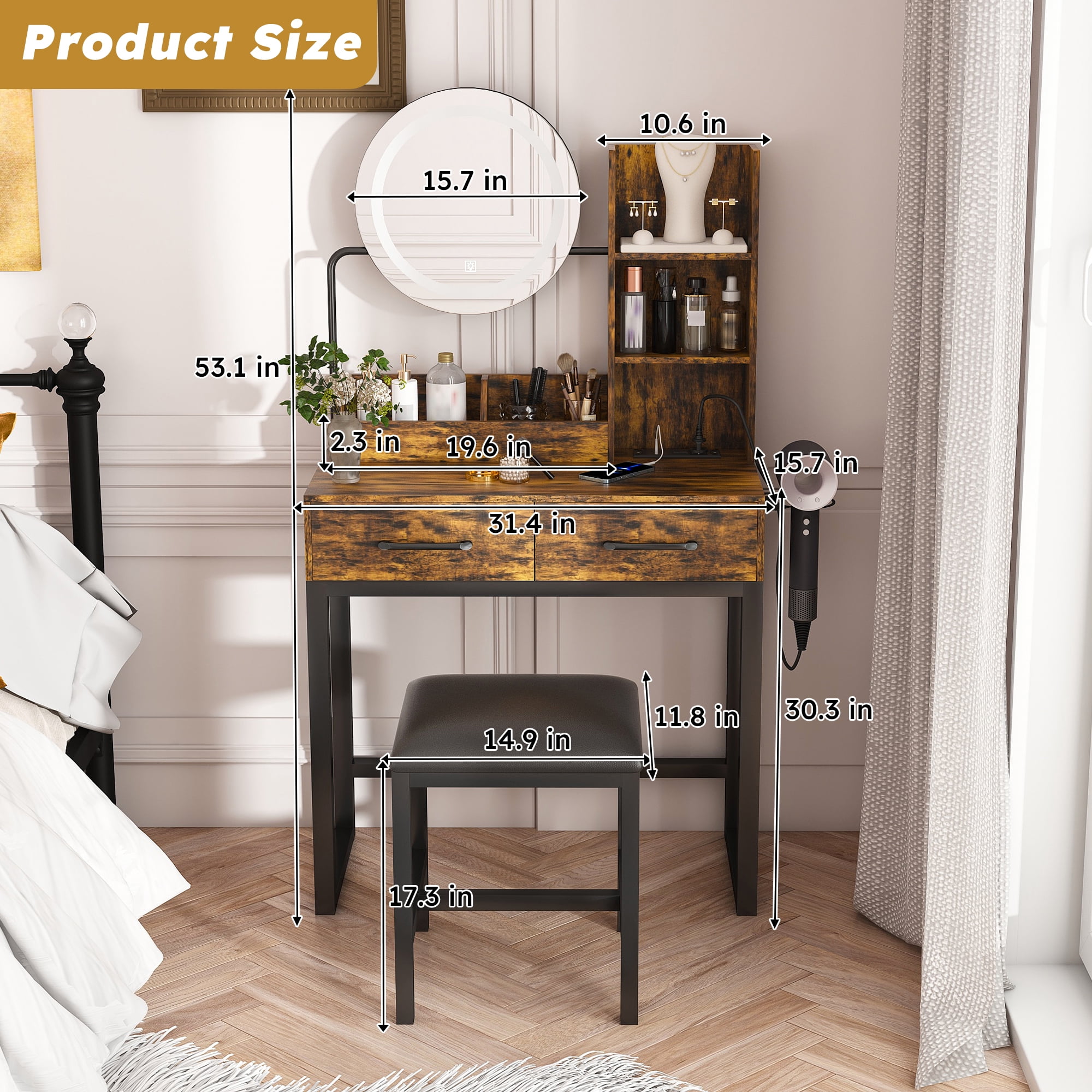 Jopath Vanity Desk with Mirror and Lights,Makeup Vanity Table with 2 Drawers and Metal Leg,Dressing Table for Bedroom,Dressing Room,Brown