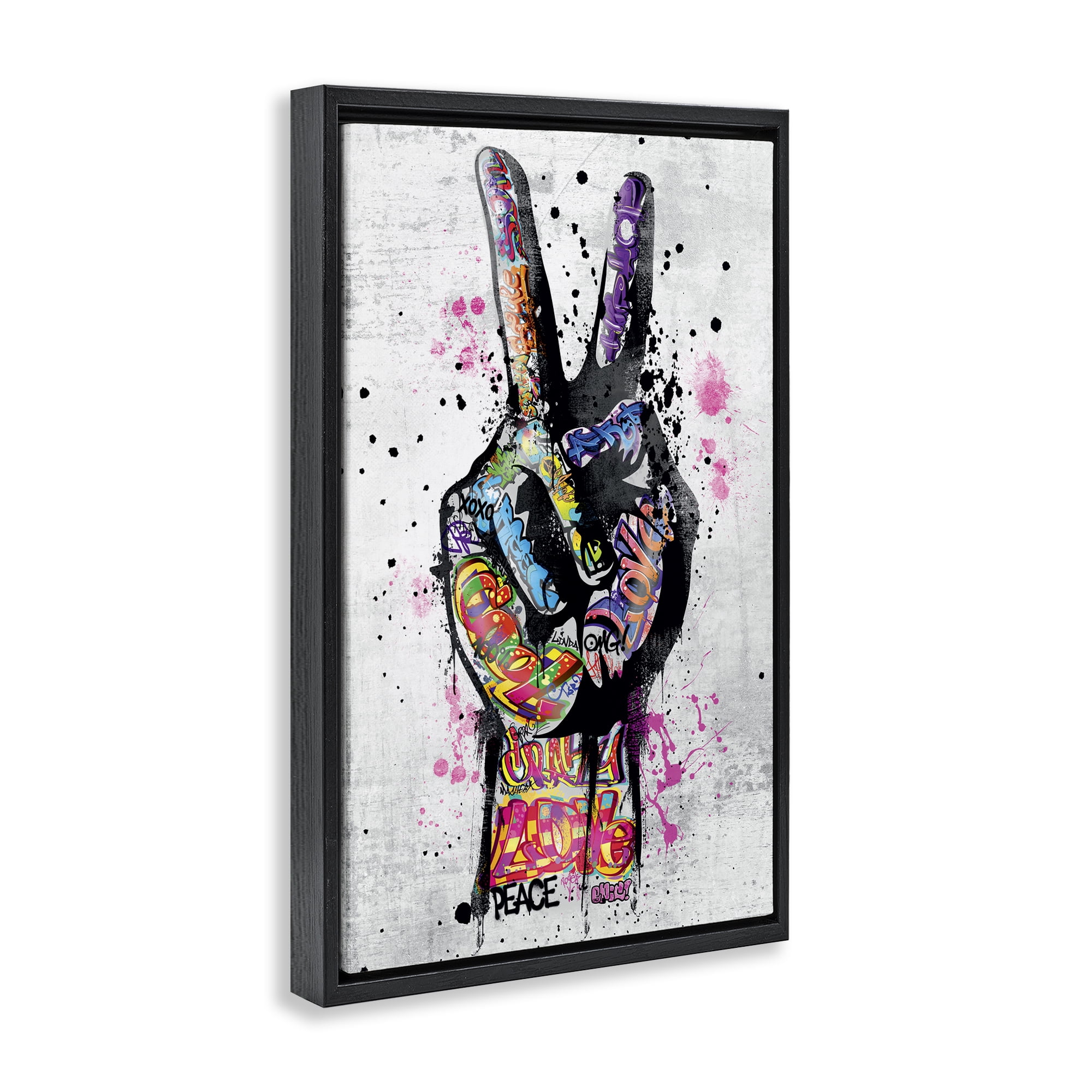 Stupell Industries Urban Tattooed Peace Hand Abstract Painting Black Floater Framed Canvas Art Print Wall Art, 21 x 31