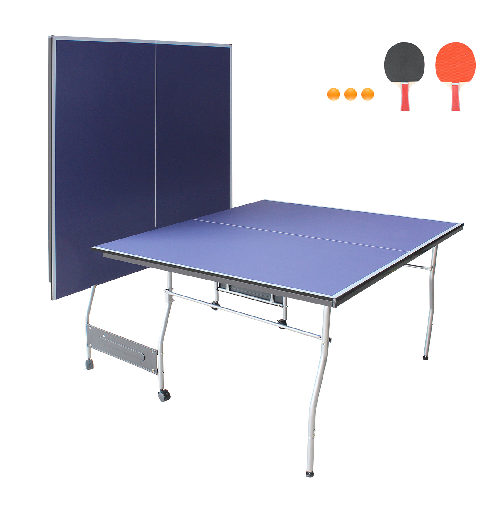 8ft Mid-Size Table Tennis Table Foldable & Portable Ping Pong Table Set for Indoor Games with Net, 2 Table Tennis Paddles and 3 Balls