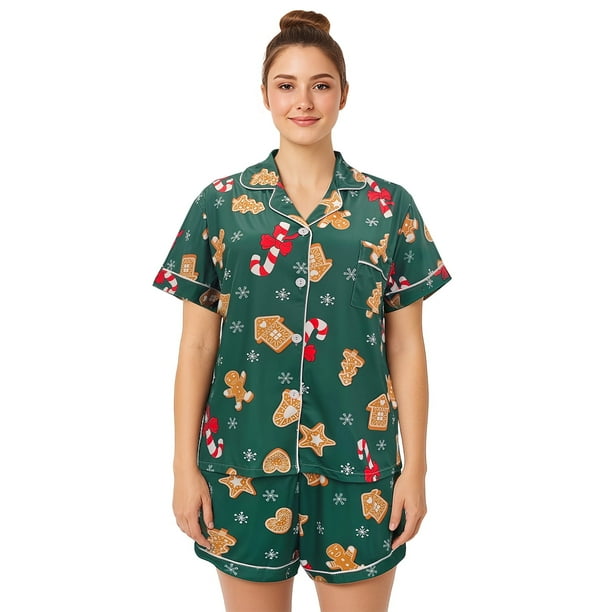 HITIME Pijama Navideña para Mujer de Seda de Leche Talla M, Conjunto de Short y Playera, Tela Ultra Suave y Transpirable, Comodidad de Lujo para Dormir o Lounge