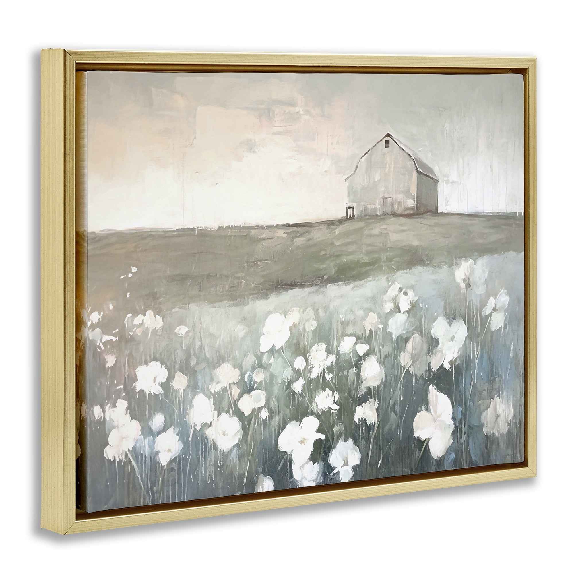 Stupell Industries Peaceful Floral Pasture Landscape Painting Gold Floater Framed Canvas Art Print Wall Art, 31 x 25
