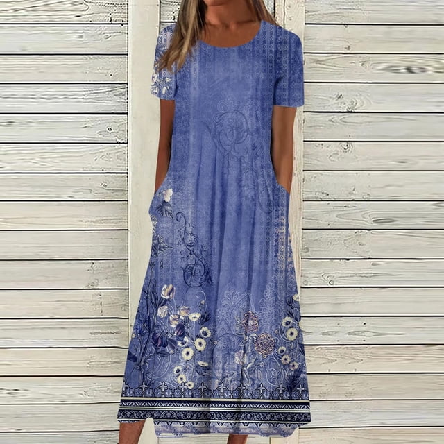 Pisexur Robe à Manches Courtes à Col Rond Mode Femme Imprimée Manches Courtes à Col Rond avec Poche Robe Longue Rétro Robe Femme