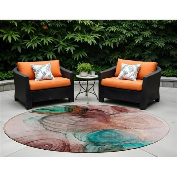 HomeRoots 559997 8 ft. Round Burgundy Round Abstract Washable Non Skid Indoor Outdoor Machine Woven Area Rug