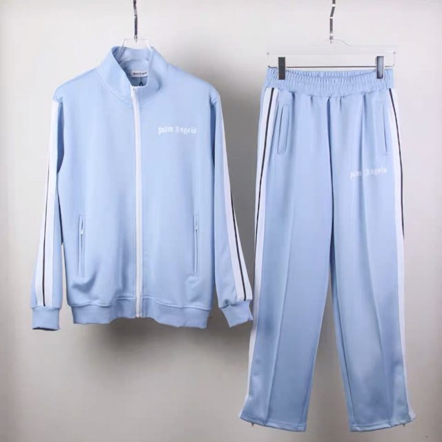 Palm Angels side traje deportivo informal con estampado de letras a rayas en blanco y negro, chaqueta superior para hombreConjunto azul claro