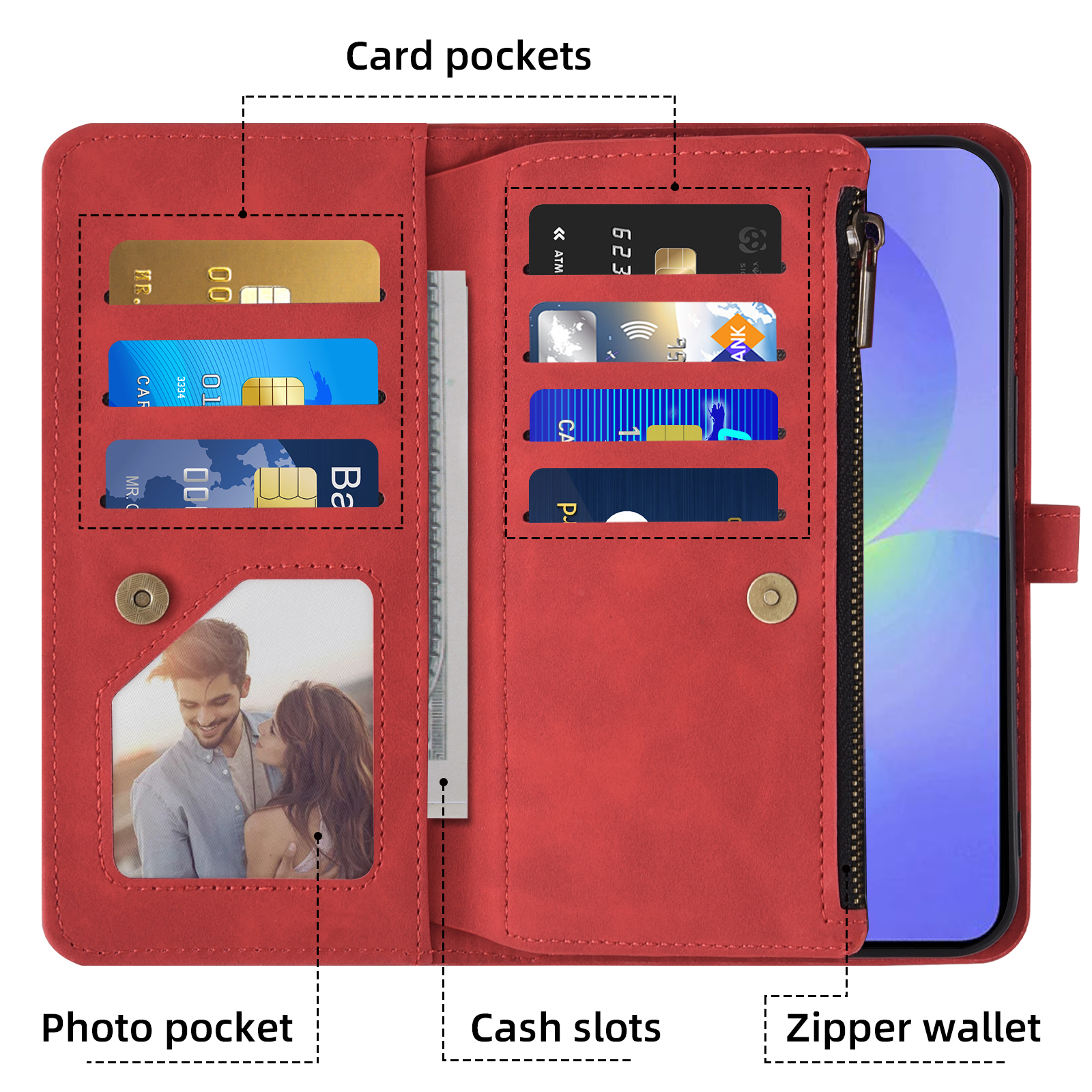 Asuwish Phone Case for Samsung Galaxy A56 5G Wallet Cover With Tempered Glass Screen Protector Crossbody Wrist Strap Flip Pattern Zipper Credit Card Holder Stand Slot Cell A 56 56A LTE Women Men Red
