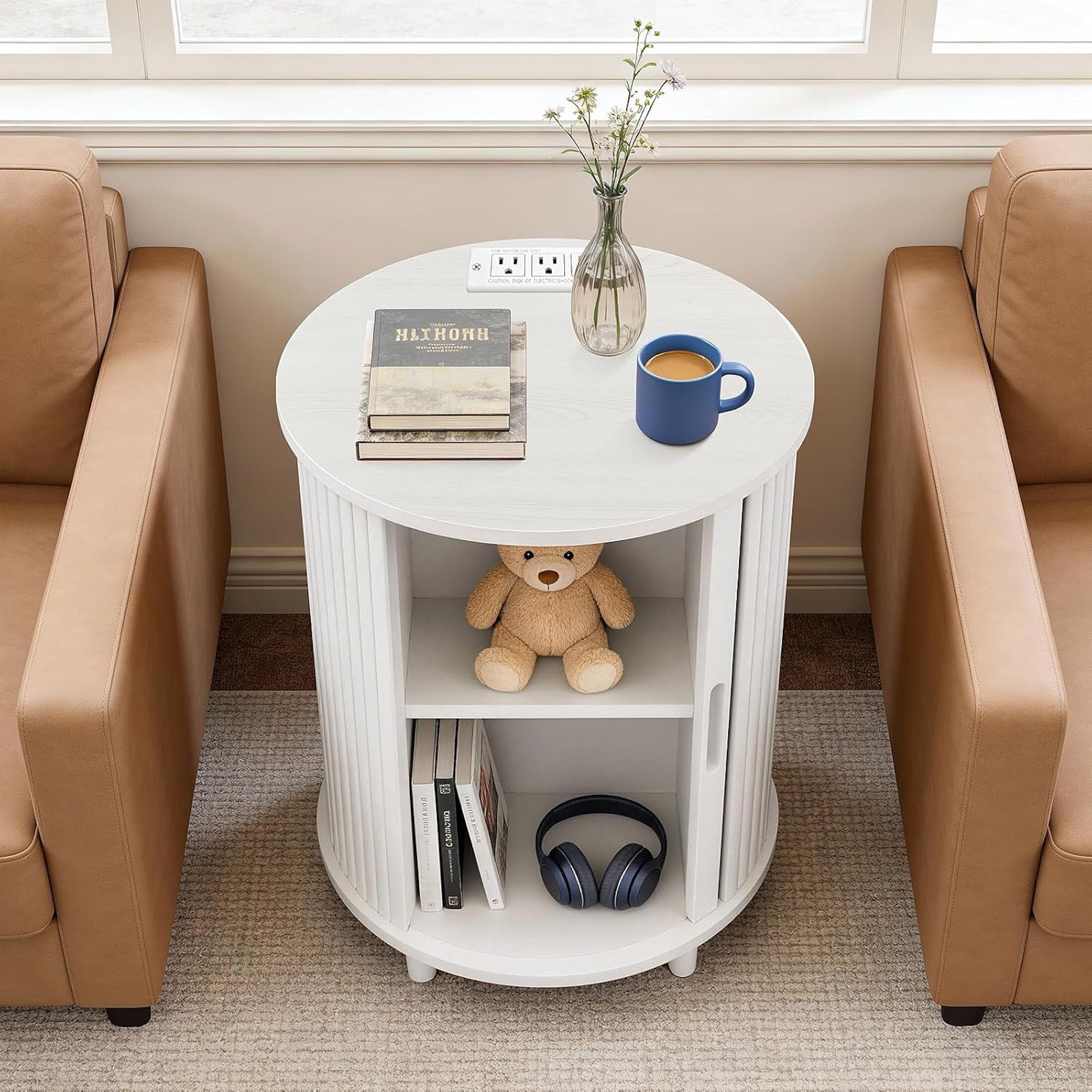 AISWORD Round End Table with Charging Station, Fluted Accent Side Table with Sliding Door and Adjustable Shelf, Nightstand for Small Space, White