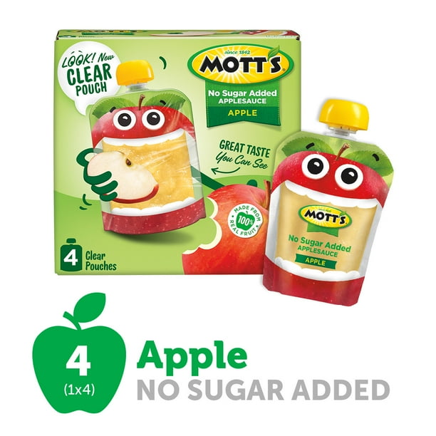 Mott's No Sugar Added Applesauce, 3.2 oz clear pouches, 4 count