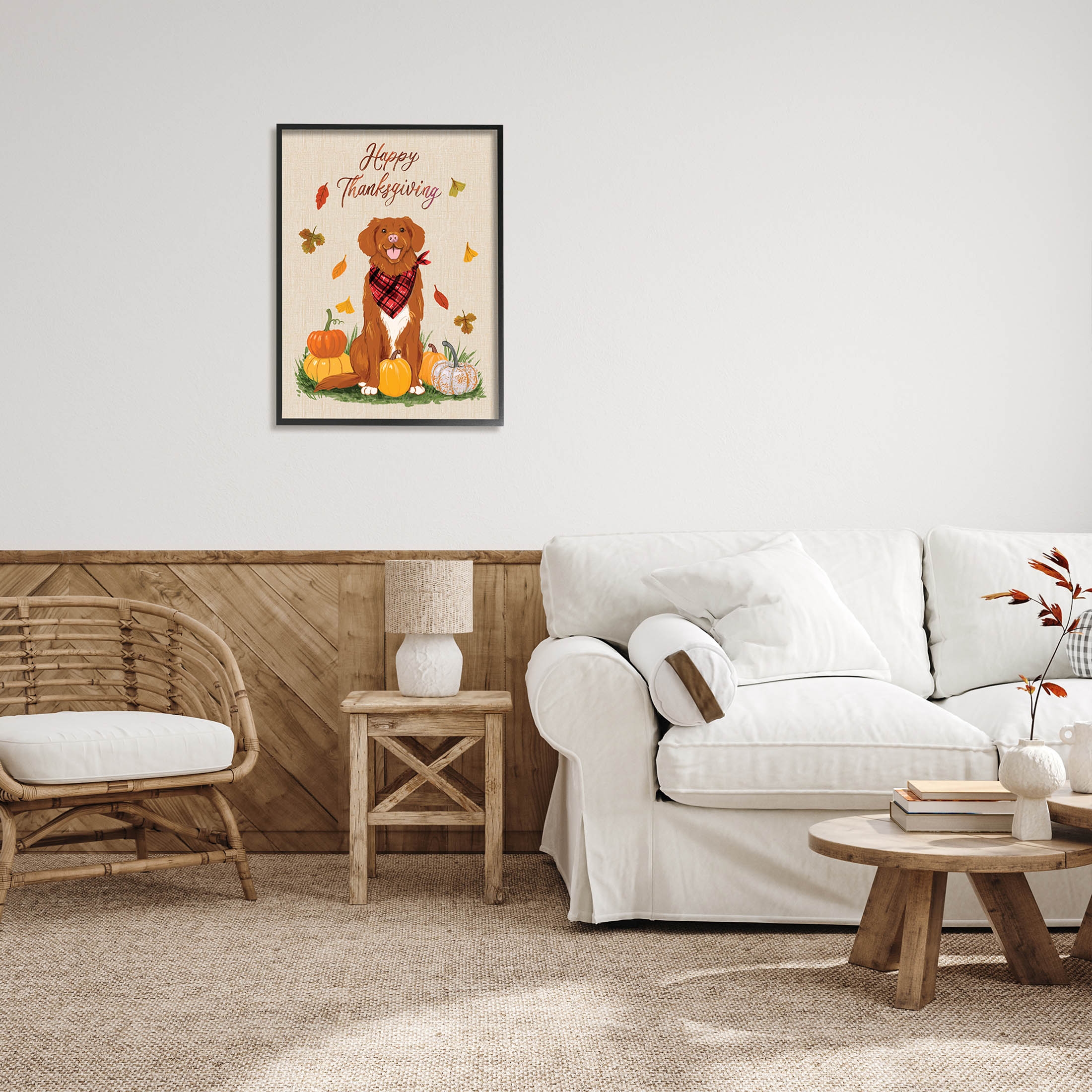 Happy Thanksgiving Pumpkins Dog Holiday Graphic Art Black Framed Art Print Wall Art