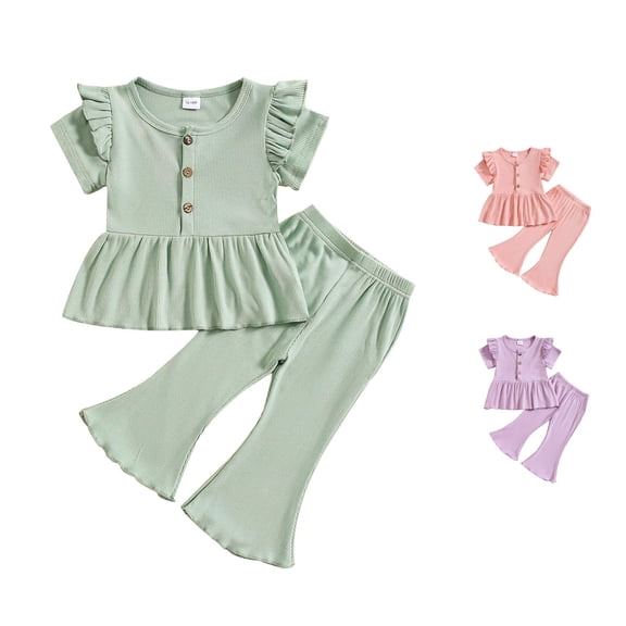 XAOFW Toddler Girl Outfits Short Sleeve Ribbed Button Tops Flared Pants Kids Summer Fall Cute Clothes Sets 12-18 Months