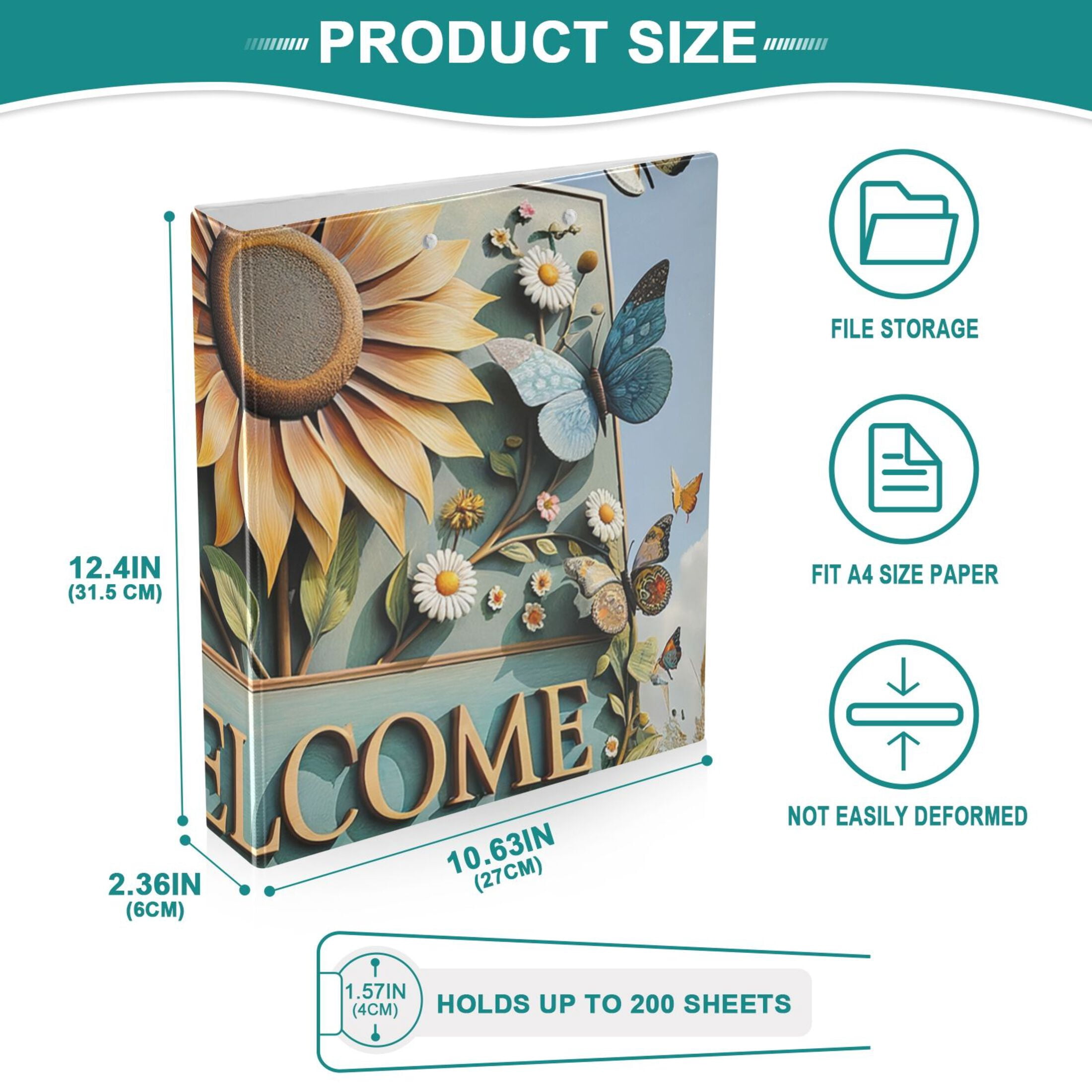 Welcome Butterfly Sunflower 3 Ring Binders 1.5 inch Hardcover File Folders with Interior Pockets A4 Size Organizer for School Office Hospital