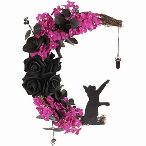Gothic Style Halloween Witch Cat Crescent Christmas Wreath - Plum Red and Black Rose