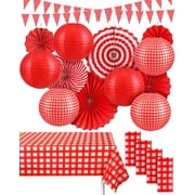18 Pcs Picnic Party Decorations Set Include Red and White Checkered Gingham Pennant Banner Hanging Paper Fans Round Lanterns Plastic Disposable Tablecloth for Carnival Picnic Party Supplies