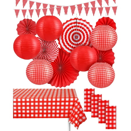 18 Pcs Picnic Party Decorations Set Include Red and White Checkered Gingham Pennant Banner Hanging Paper Fans Round Lanterns Plastic Disposable Tablecloth for Carnival Picnic Party Supplies