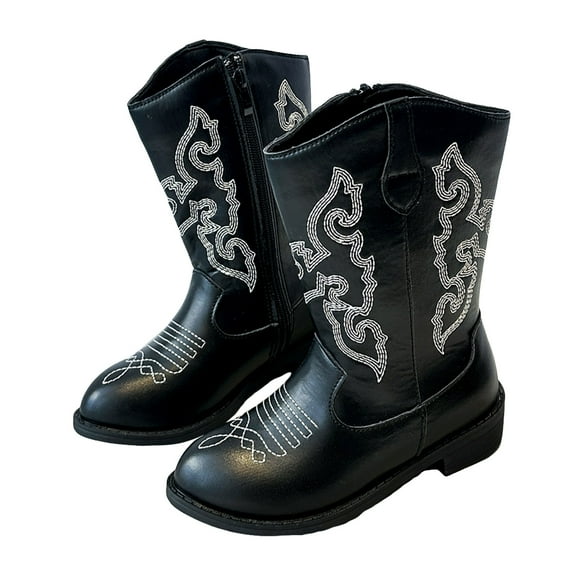 Girl's Cowboy Boots Trendy Embroidery Leather Zip up Mid Calf Western Cowgirl Booties Round Toe Chunky Heel Fall Winter Boots Black 2 Big Kids